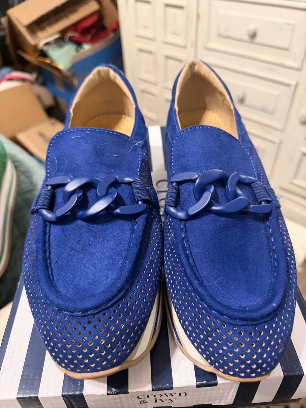 crown & ivy Royal Blue Platform Loafers with Chain Accent